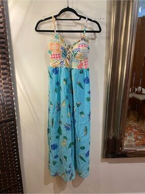 OOAK Upcycled Swim top Bright Blue Shell-Print Maxi Dress with Patterned Bodice